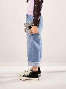 Annil Girls' Spring And Autumn Versatile Cotton Denim Pants Blue