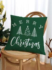 1pc Christmas Tree & Letter Print Pillow Cover, Modern Style Hand-Drawn Fabric Velvet Cushion Cover, Suitable For Sofa Living Room Home Decor For Christmas Without Filler