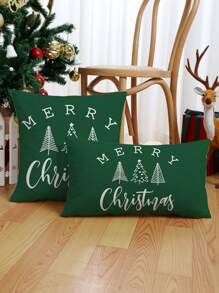 1pc Christmas Tree & Letter Print Pillow Cover, Modern Style Hand-Drawn Fabric Velvet Cushion Cover, Suitable For Sofa Living Room Home Decor For Christmas Without Filler