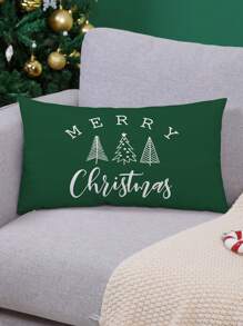 1pc Christmas Tree & Letter Print Pillow Cover, Modern Style Hand-Drawn Fabric Velvet Cushion Cover, Suitable For Sofa Living Room Home Decor For Christmas Without Filler