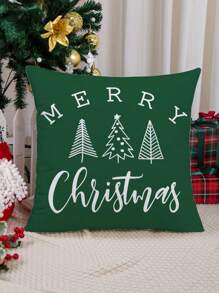 1pc Christmas Tree & Letter Print Pillow Cover, Modern Style Hand-Drawn Fabric Velvet Cushion Cover, Suitable For Sofa Living Room Home Decor For Christmas Without Filler