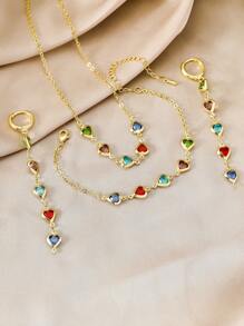 MESTILO Bộ trang sức vòng cổ, khuyên tai, nhẫn, dây chuyền, trái tim đính đá màu đồng thanh lịch 4 món, quà tặng ngày lễ tình nhân cho phụ nữ (Do thiết kế thủ công, màu sắc của mặt dây chuyền hình trái tim có thể thay đổi) Ngày lễ tình nhân, Mẹ, Mẹ, Ngày của Mẹ, Quà tặng - Đầy màu sắc - Xem 1