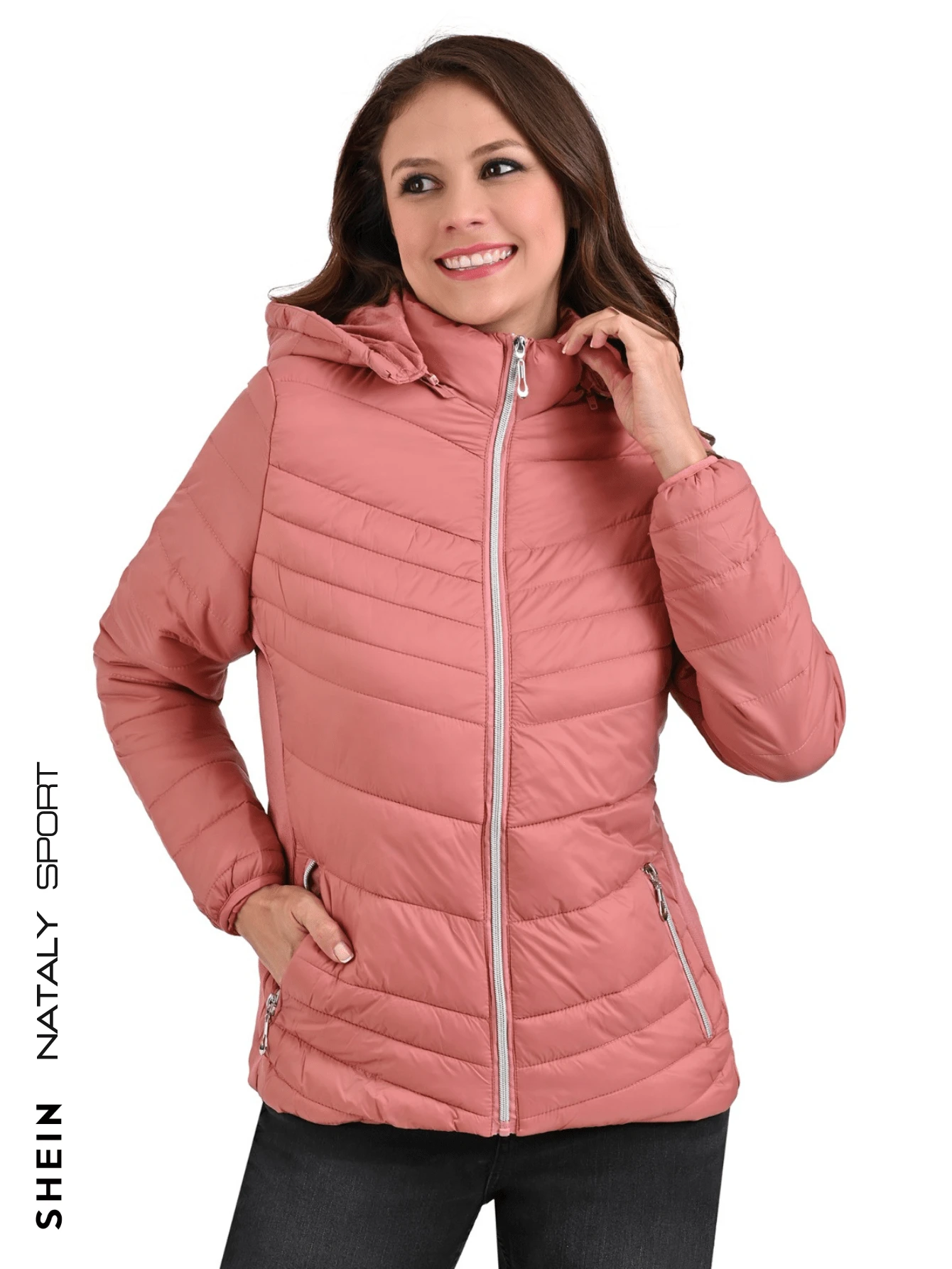 SHEIN Chamarra negra para Mujer con Gorro y Forrada - Rosa Pálido - Ver 1