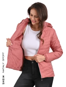 SHEIN Chamarra negra para Mujer con Gorro y Forrada - Rosa Pálido - Ver 3