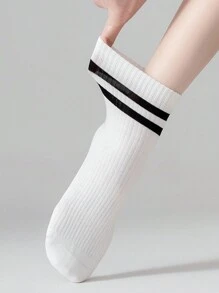 5pairs Women's White College Style Double Striped Short Socks