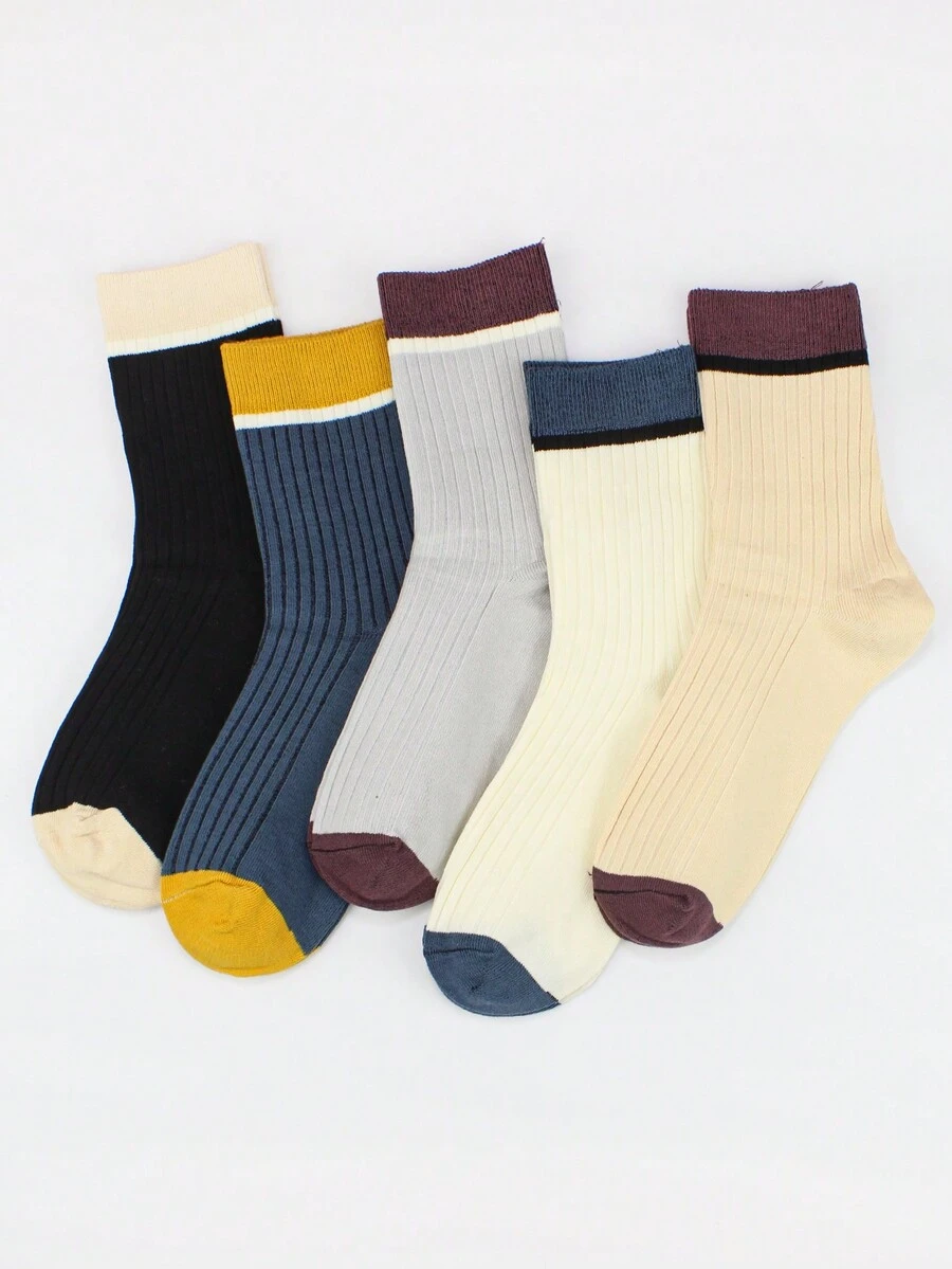 5pairs Men's Multicolor Polyester & Spandex Blend Thick Mid-calf Socks Suitable For Any Outfits - Multicolor - View 1
