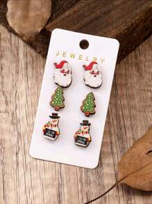 3入組聖誕主題耳環,包括聖誕老人、聖誕樹和雪人設計,適用於節慶裝扮 - 彩色 - 查看 1