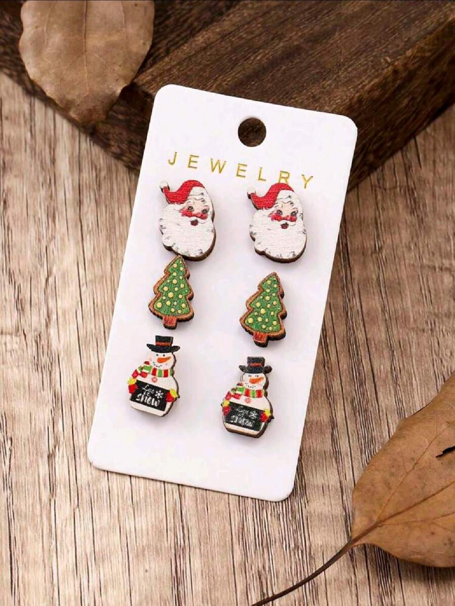 3入組聖誕主題耳環,包括聖誕老人、聖誕樹和雪人設計,適用於節慶裝扮 - 彩色 - 查看 1