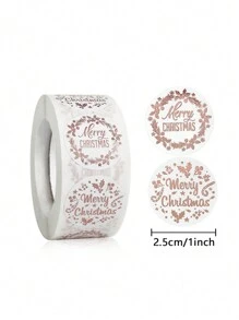 500pcs/1roll Christmas Rose Gold Foil Stickers, Gift Card & Present Decoration Adhesive Labels - Pink - View 2