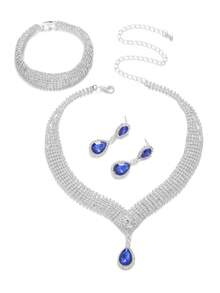 1套完整的鋯石新娘珠寶套裝,適用於女士派對,豪華水晶婚禮珠寶套裝 - 銀色 - 查看 12