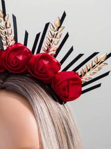 Black Dark Red Burgundy Roses Gold Leaf Silk Artificial Flowers Crown For Wedding Bridesmaids, Halloween Floral Halo Crown, Gothic Wedding Tiara For Bride, Costume Headpiece For Birthday Cosplay Party Celebration, Day Of The Dead Vintage Street Valentine's Day Valentines