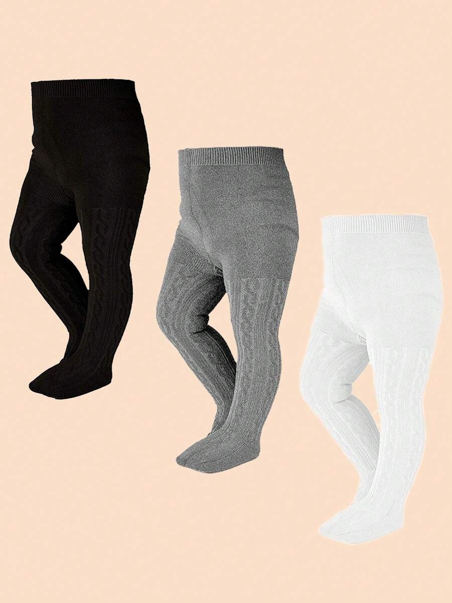 女婴紧身裤厚针织打底裤长筒袜连裤袜适合新生儿幼儿 3 条装 - 彩色 - 查看 1