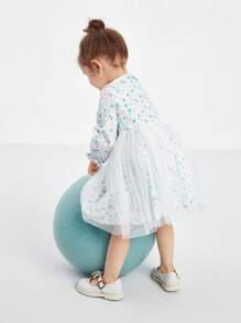 Annil 儿童连衣裙春秋款网眼拼接碎花棉质高领长袖小女孩连衣裙白色 - 白色 - 查看 2
