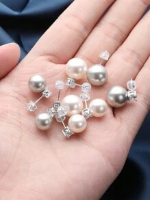 1對高雅白色鋯石鑲嵌圓形白色仿珍珠和仿珍珠925純銀耳釘，適用於女性，無鎳無過敏，日常佩戴首飾禮物，婚禮參與者珠寶首飾 - 白色 - 查看 2