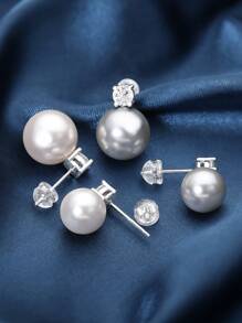 1對高雅白色鋯石鑲嵌圓形白色仿珍珠和仿珍珠925純銀耳釘，適用於女性，無鎳無過敏，日常佩戴首飾禮物，婚禮參與者珠寶首飾 - 白色 - 查看 6