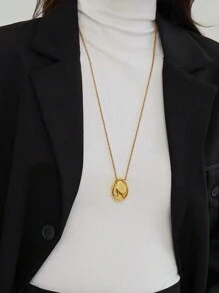 Xemes Yearn 不鏽鋼長橢圓吊墜項鍊-女士毛衣鏈,珠寶飾品 - 銀色 - 查看 5