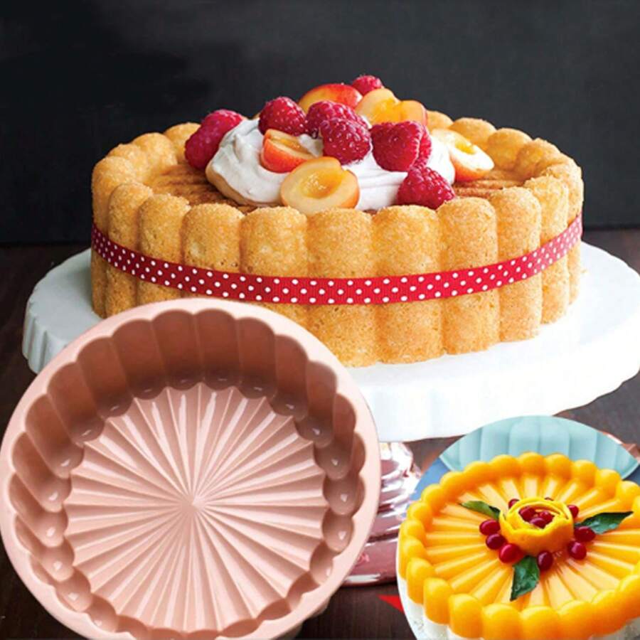 1 pieza Molde de silicona para tarta Charlotte, moldes redondos reutilizables para hornear cheesecake, brownie, tartaleta, pastel para camping - Rosa - Ver 1