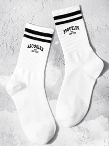 2 雙裝女字母印花布魯克林中筒襪,黑白雙條紋,防臭,吸濕排汗,休閒,百搭,適合日常生活 - 黑與白 - 查看 3