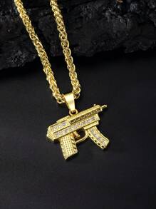 1個中性金色3d創意龐克風鑲嵌鑽石冲鋒槍墜子,厚實的厚頸墜子,萬聖節/感恩節/聖誕節禮物 - 金黃色 - 查看 1