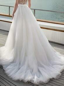 1pc High-Waisted Split Mesh Maxi Skirt With Trail For Women, White, Designed For Spring/Summer Beach Wear Fall Clothes For Women - White - View 2