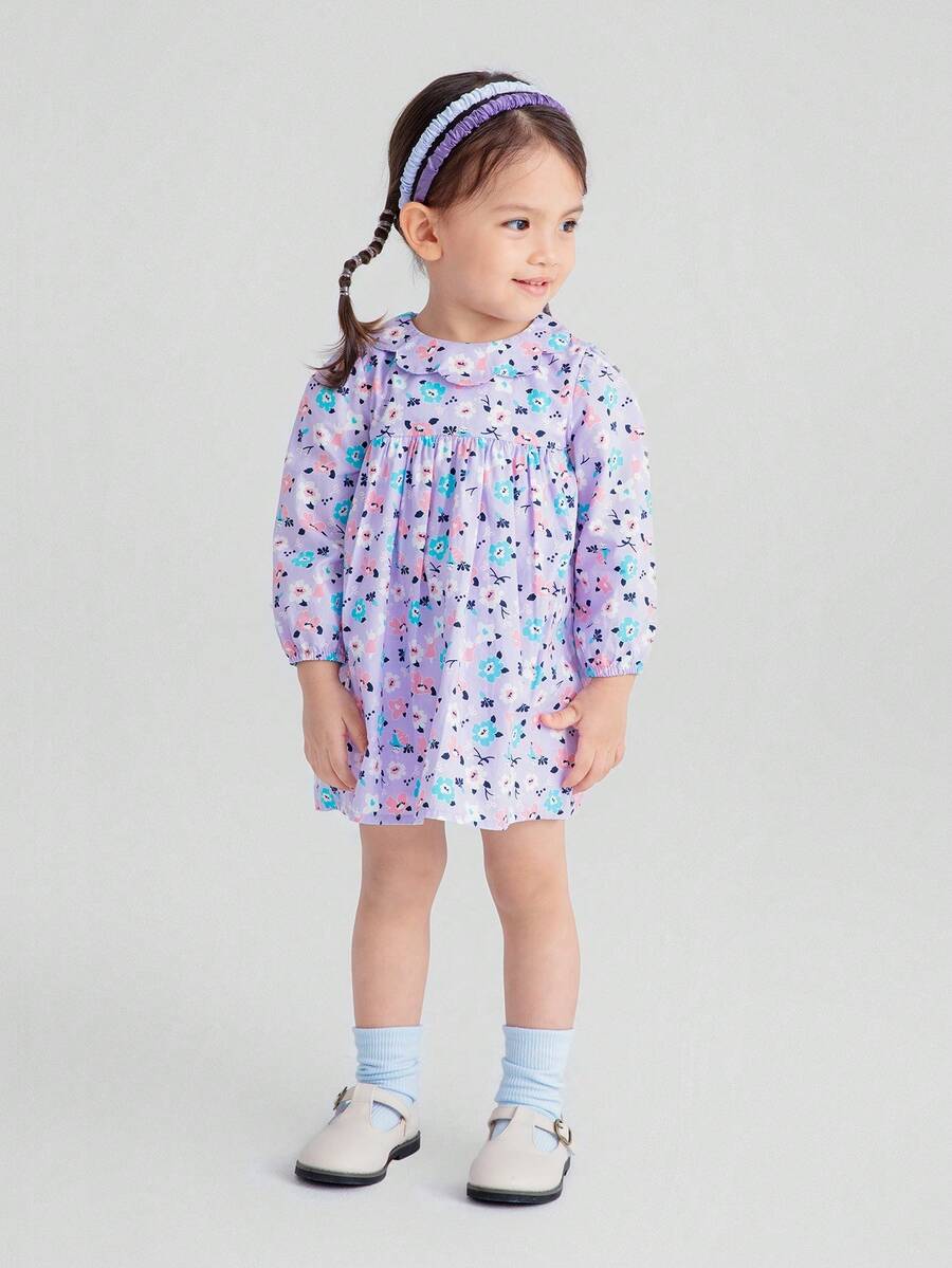 Annil 女孩秋冬款柔軟透氣A字裙，嬰兒花卉長袖連衣裙 - 藍色 - 查看 1