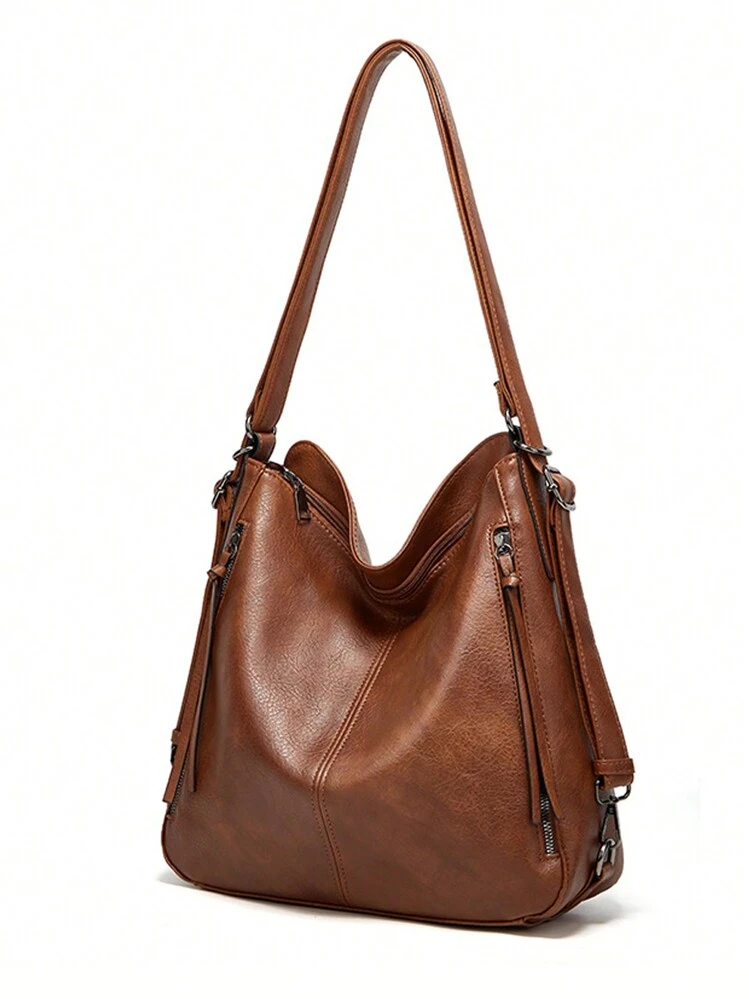 3pcs/Set New Arrival Classic Fashionable Commuting Student Travel Shoulder Bag With Multiple Colors, Solid PU Material, Large Capacity, Multiple Compartments, Detachable & Adjustable Design, Can Be Used As Shoulder Bag, Backpack, Mother & Children Bag, Handbag Or Crossbody Bag, Suitable For Both Men And Women, Perfect For Work, Daily Use And Travel, Also Comes With A Coin Purse., Student Bag Sets With Pencil Case - Brown - View 4
