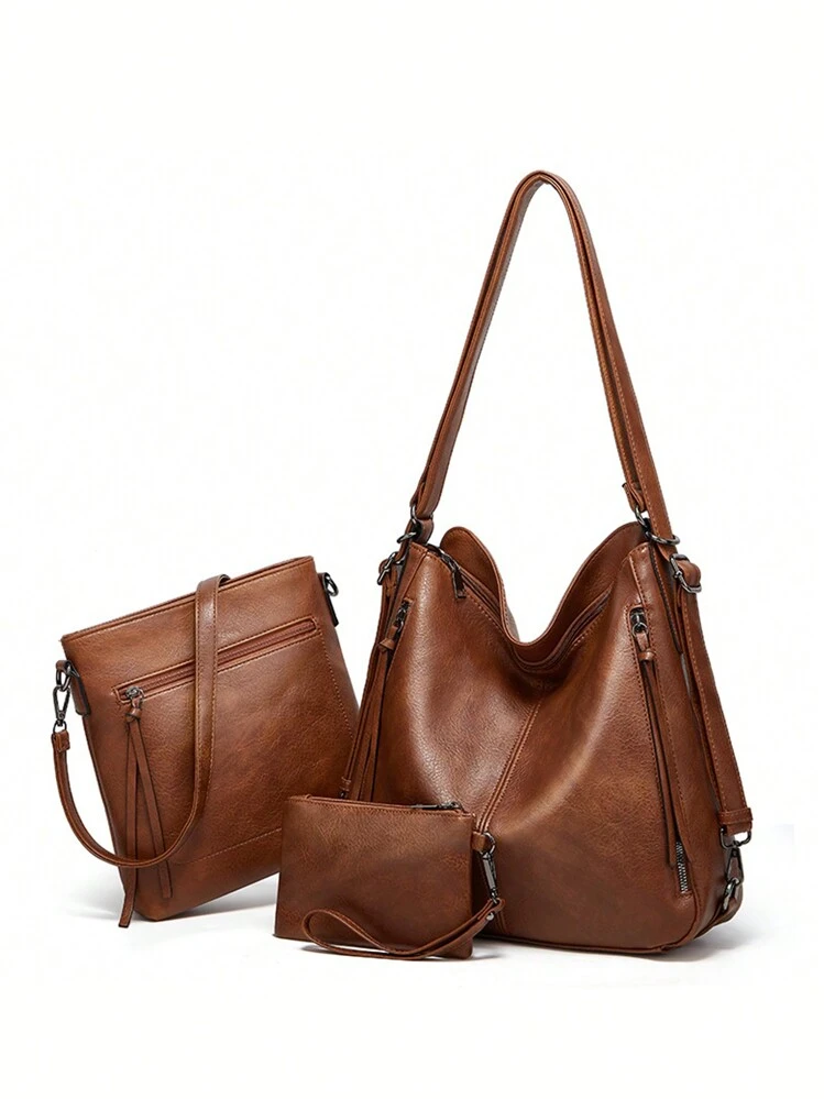 3pcs/Set New Arrival Classic Fashionable Commuting Student Travel Shoulder Bag With Multiple Colors, Solid PU Material, Large Capacity, Multiple Compartments, Detachable & Adjustable Design, Can Be Used As Shoulder Bag, Backpack, Mother & Children Bag, Handbag Or Crossbody Bag, Suitable For Both Men And Women, Perfect For Work, Daily Use And Travel, Also Comes With A Coin Purse., Student Bag Sets With Pencil Case - Brown - View 1