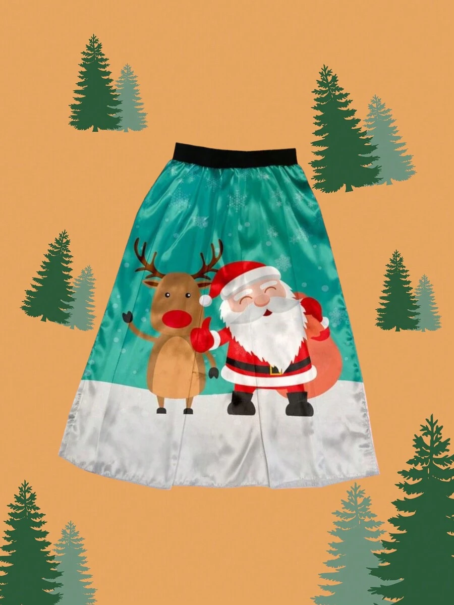 Falda Amplia Larga Para Mujer Santa Claus Y Rodolfo Navidad - Verde - Ver 1