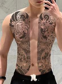 Tatuaje Temporal De Calcomanía De Cardigan Abierto En El Pecho, Ingredientes Naturales, Ecológico, No Irritante, Impermeable Y Duradero, Tatuaje Temporal De Estilo Masculino Para Hombres Con Tamaño Grande, Para Fiestas De Festivales Y Halloween - Azul - Ver 4