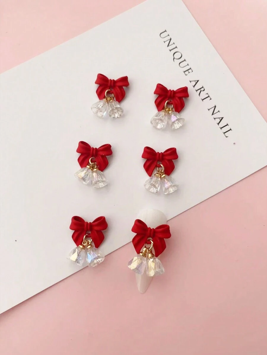 圣诞合金蝴蝶结吊坠小铃铛美甲装饰派对风格美甲产品DIY美甲配件6件蝴蝶结吊坠铃铛美甲饰品美甲宝石 - 紅色 - 查看 1