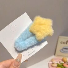 2个可爱毛绒星星Y2K发夹，仿兔毛刘海侧发夹，BB夹，头饰配饰，学生用品，冬季，发饰 - 彩色 - 查看 2