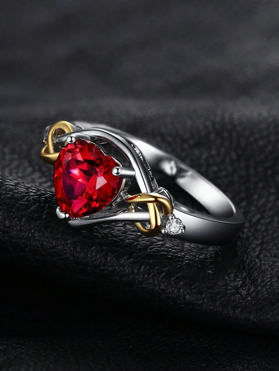 JewelryPalace 1個迷人優雅的925純銀銀戒指,愛心設計,精美多面剪裁創造紅寶石,女性約會禮物、日常裝飾精美珠寶飾品 - 紅色 - 查看 1