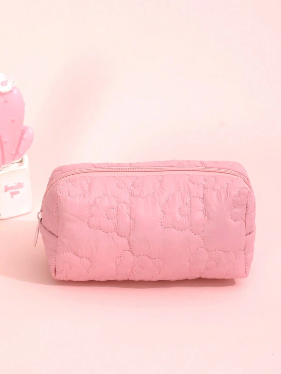 Solid Color Portable Makeup Bag Make Up Organizer Toiletry Bag Makeup Storage Cosmetic Bag Wash Bag Puffer Quilted Bag Quilt Bag Puffer Bag Quilted Makeup Bag - Pink - View 1