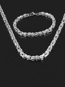 Men Minimalist Chain Necklace & Bracelet Stainless Steel Punk Hip Pop Style - Silver - View 8