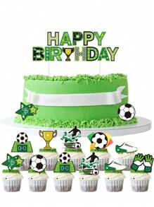 17pcs/Set Football Theme Design Cake Topper, Cupcake Decoration Supplies Cake Inserts For Children's Holiday Birthday Party,Christmas - Green - View 2