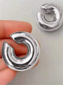 2pairs Fashionable Personalized C-Shaped Polished Stainless Steel Chunky Hoop Clip-On Earrings For Women