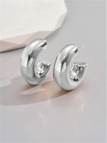 2pairs Fashionable Personalized C-Shaped Polished Stainless Steel Chunky Hoop Clip-On Earrings For Women