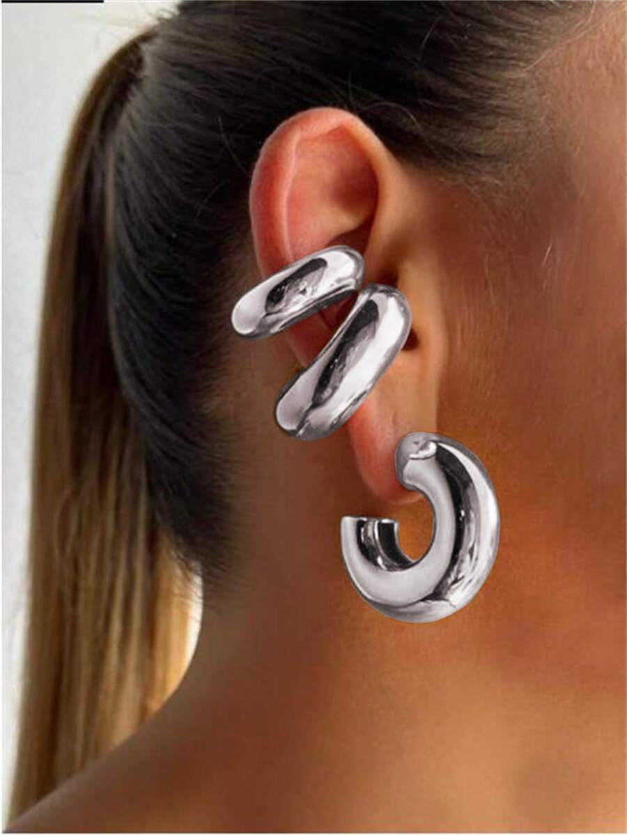 2pairs Fashionable Personalized C-Shaped Polished Stainless Steel Chunky Hoop Clip-On Earrings For Women