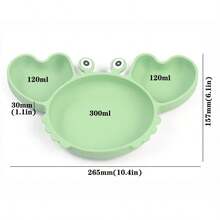 綠色矽膠嬰兒餐具組合,包括蟹形盤子,吸碗,盤子,圍兜,湯匙,叉和杯子