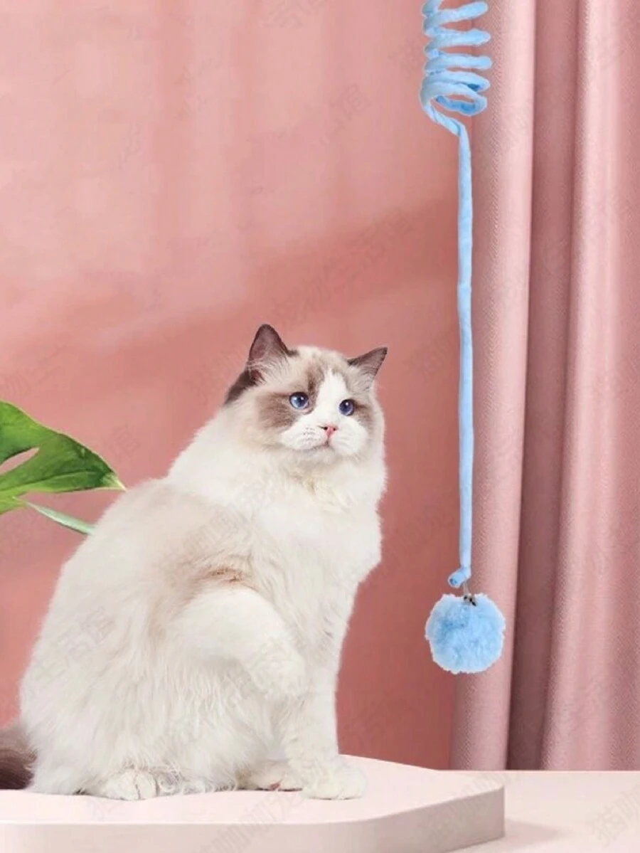 寵物新款掛門貓玩具棒,兔毛彈簧填充球,搖擺玩具,娛樂和放鬆貓咪 - 藍色 - 查看 1
