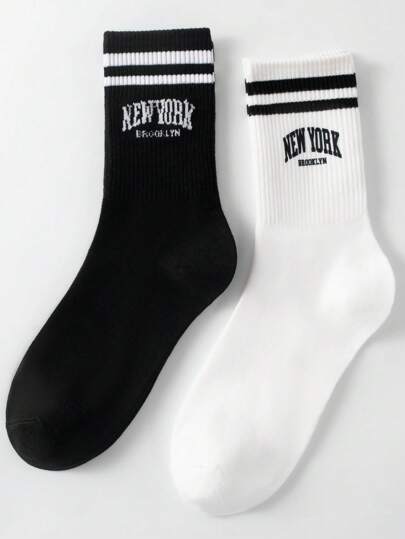 2 pares de calcetines de media caña para hombres con la letra "Nueva York", rayas negras y blancas, anti-olor y absorción de humedad, calcetines de cuello redondo elegantes y casuales, adecuados para la vida diaria, otoño