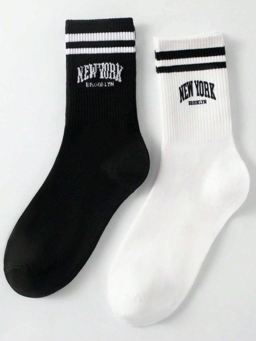 2 双男士中筒袜，印有“new York”字母，黑白条纹，防臭吸湿，时尚休闲圆领袜，适合日常生活，秋季 - 黑與白 - 查看 1
