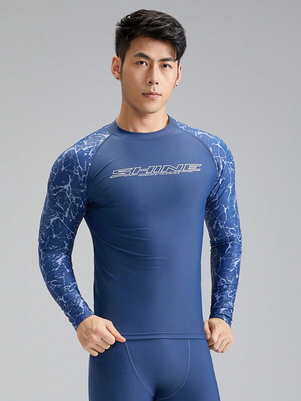 SABOLAY Costume da bagno a maniche lunghe stile boyfriend da uomo con protezione solare per uso all'aperto, con stampa di lettere e inserto sulla spalla