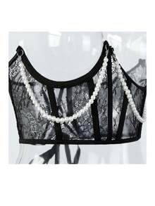 Cinturilla con perlas varilla y encaje - Negro - Ver 2