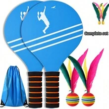 Blue 6pcs/set Super Dynamic Badminton Racket Kit With Goose Feather Shuttlecock And Carrying Bag, Jianzi Wooden Badminton Racket Kit - Blue - View 1