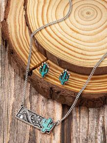3 Pcs Turquoise Stone Decor Western Cactus Pendant Necklace Stud Earring Jewelry Set - Silver - View 1