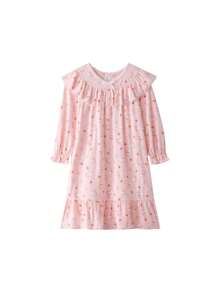 Annil 少女春秋季甜美蕾絲領軟肌膚長袖裙式睡衣，粉色 - 粉色 - 查看 1