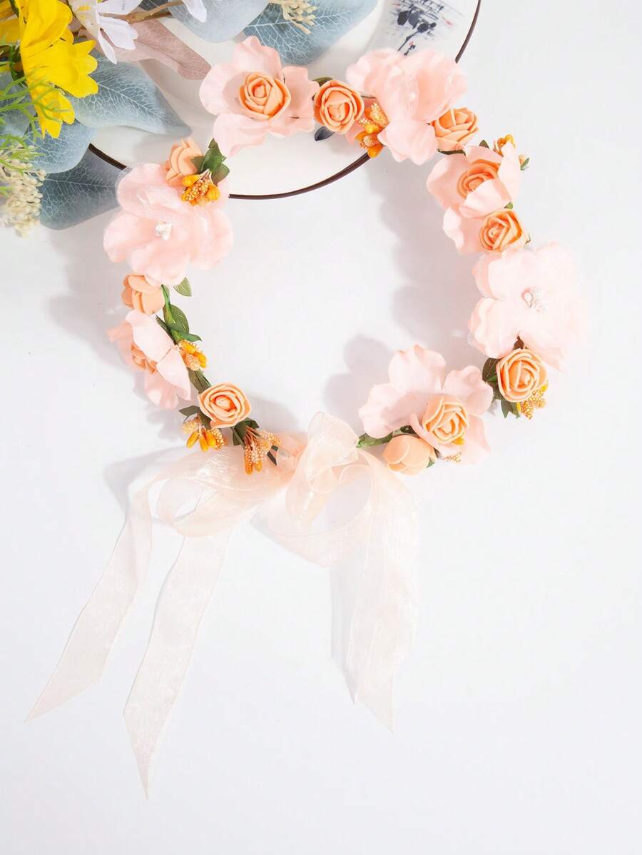 新娘手工橙色花冠頭箍,花卉頭飾為海灘婚禮,婚禮假期的新娘髮飾
