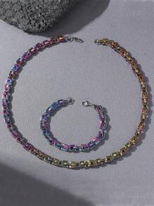 Men Minimalist Chain Necklace & Bracelet Stainless Steel Punk Hip Pop Style - Silver - View 4