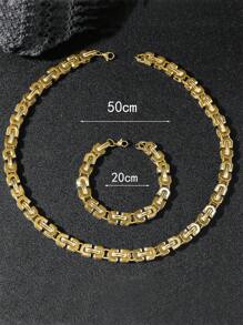 Men Minimalist Chain Necklace & Bracelet Stainless Steel Punk Hip Pop Style - Silver - View 5